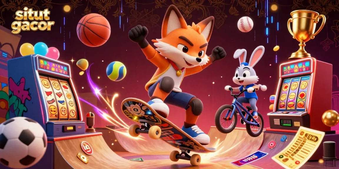 Situs slot gacor showcases vibrant cartoon illustration with a skateboarder fox and BMX rabbit amid casino symbols.