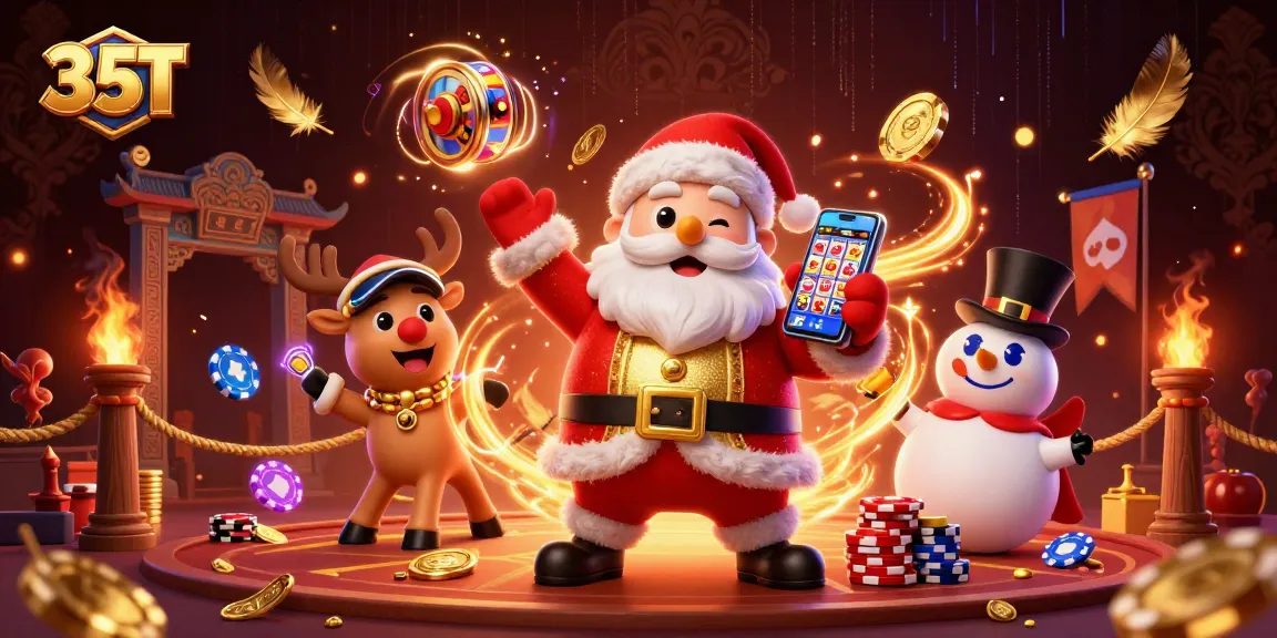 Spin for jackpots with 35T, featuring a festive casino scene with Santa and gaming elements.