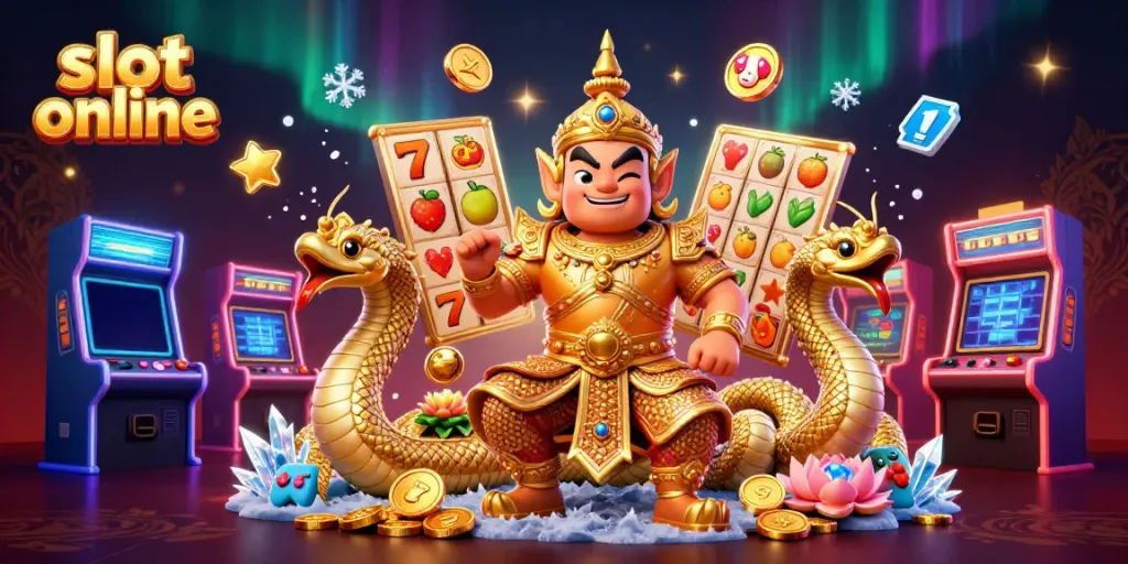 Engaging slot online scene with a fierce Thai temple guardian, Naga serpents, and vivid slot symbols.