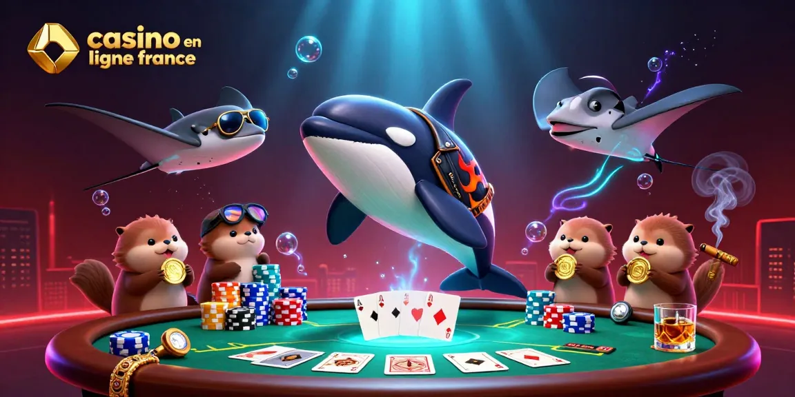 Jouez au casino en ligne France avec des personnages amusants, des jetons de poker et des lumières éblouissantes.