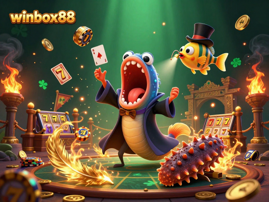 Winbox88’s magic show featuring an eel magician, anglerfish spotlight, and a sea cucumber, all surrounded by casino elements.