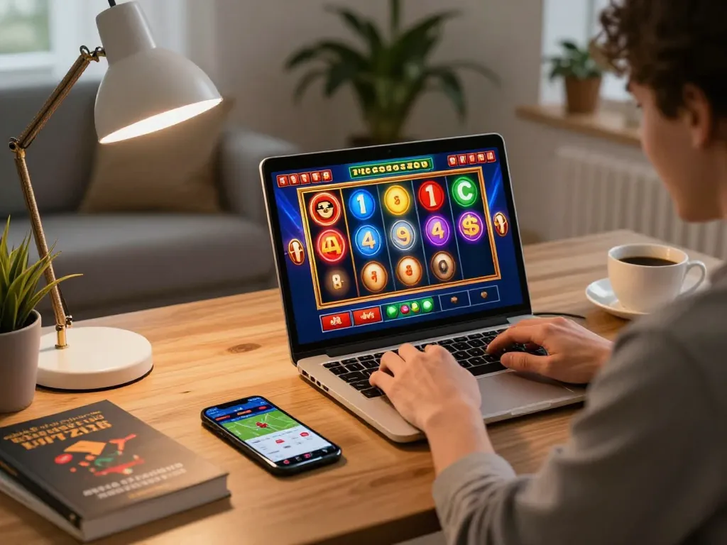 Player enjoying a winning moment with 789win link mới displayed on the laptop during an online casino session at home
