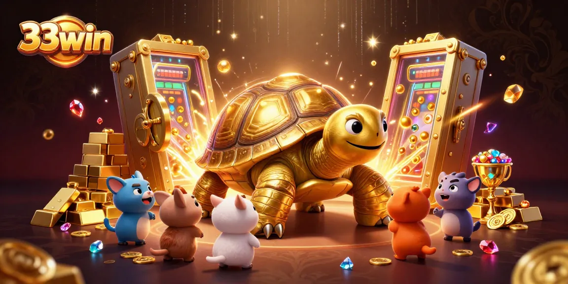 Excitement at 33win casino with a colossal tortoise pinball machine amidst dazzling gold treasures.