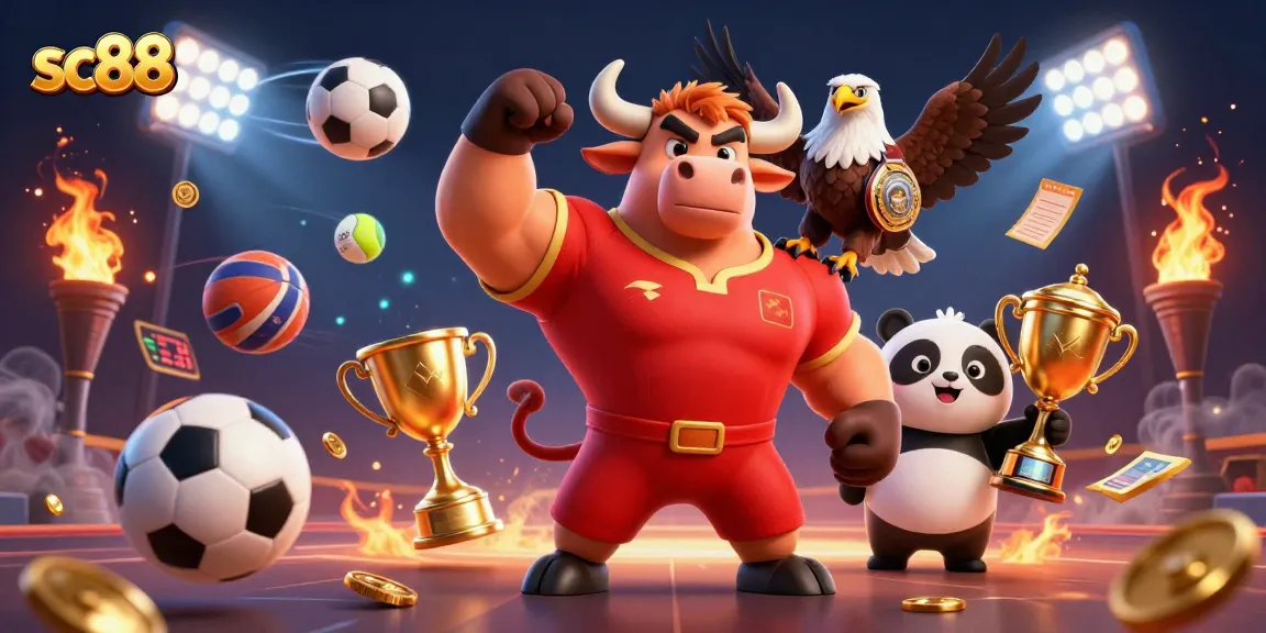 Engage in exciting sports betting action with sc88 featuring a bull mascot, eagle, and panda.
