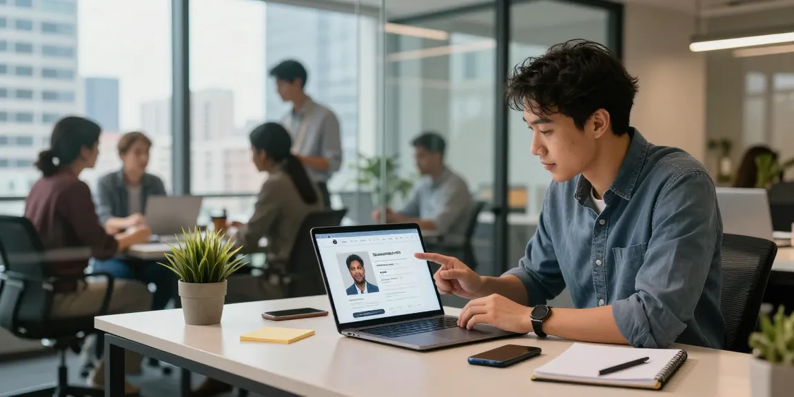Strength up your portfolio. experience through a professional contractor reviewing their profile in a modern office.