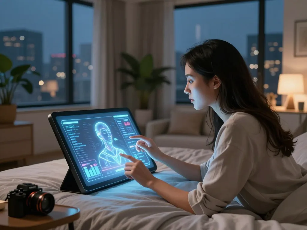 Woman engaging with AI sex companion on a touchscreen device in a cozy bedroom, showcasing emotional connection.