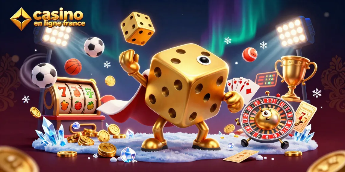 Illustration dynamique de casino en ligne France avec des dés dorés et des éléments de jeu.