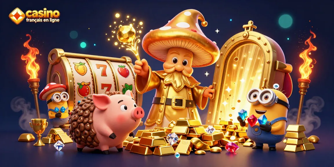 Illustration de casino français en ligne avec un grand sorcier champignon doré et ses alliés trouvant des trésors, remplie de lumières et de richesses.
