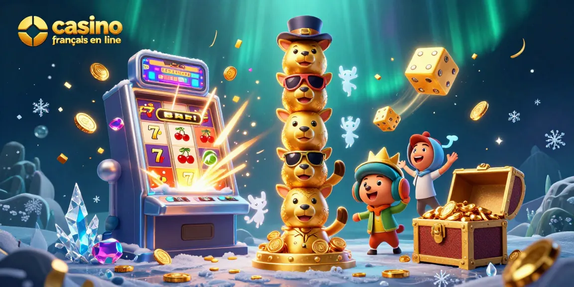 Un totem symbolisant les casinos français en ligne entouré d'une machine à sous, de dés dorés et d'effets festifs.