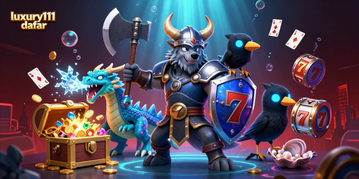 Win big with luxury111 daftar featuring a Viking wolf warrior, fierce dragon, and vibrant casino elements!