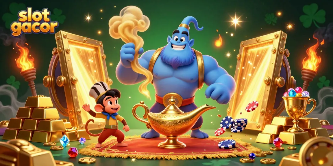 Experience excitement with slot gacor as the genie reveals treasures and poker chips in a magical scene.