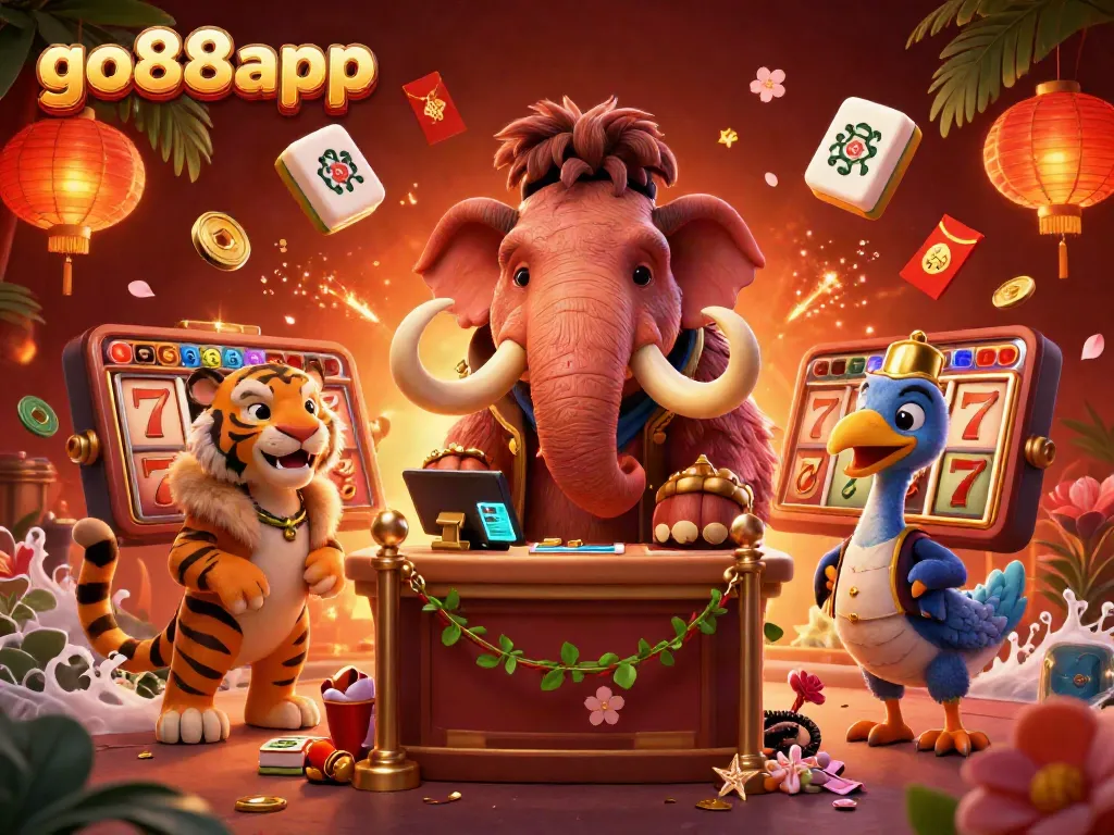 Experience the exciting atmosphere of a go88app casino with a lively scene featuring a woolly mammoth bouncer and colorful game elements.