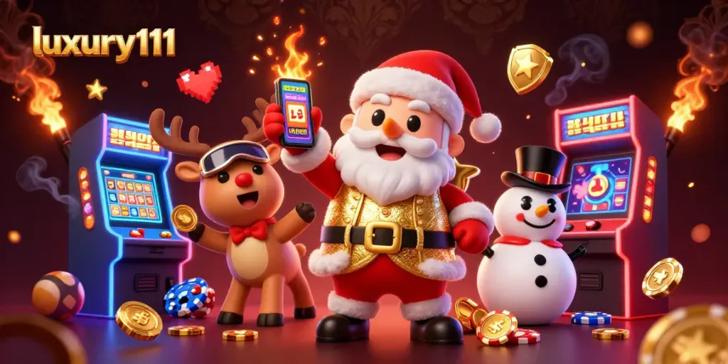 Slot jackpot seru di luxury111, Santa, rusa, dan manusia salju menyemarakkan suasana kasino.