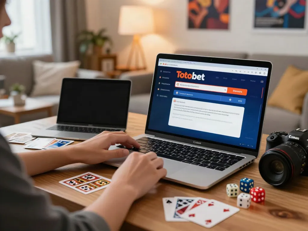 Totobet dalam pengalaman taruhan online, dengan orang yang menempatkan taruhan di laptop dan elemen permainan di meja.