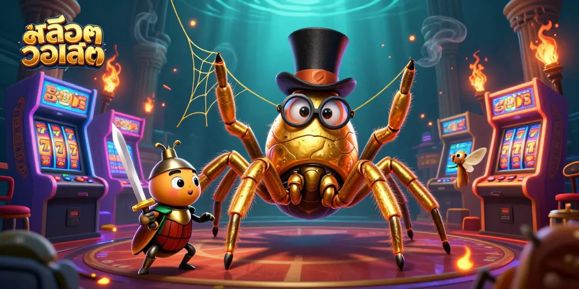 Engage in สล็อตวอเลท gaming with a 3D cartoon golden tarantula and a knight battling casino elements.