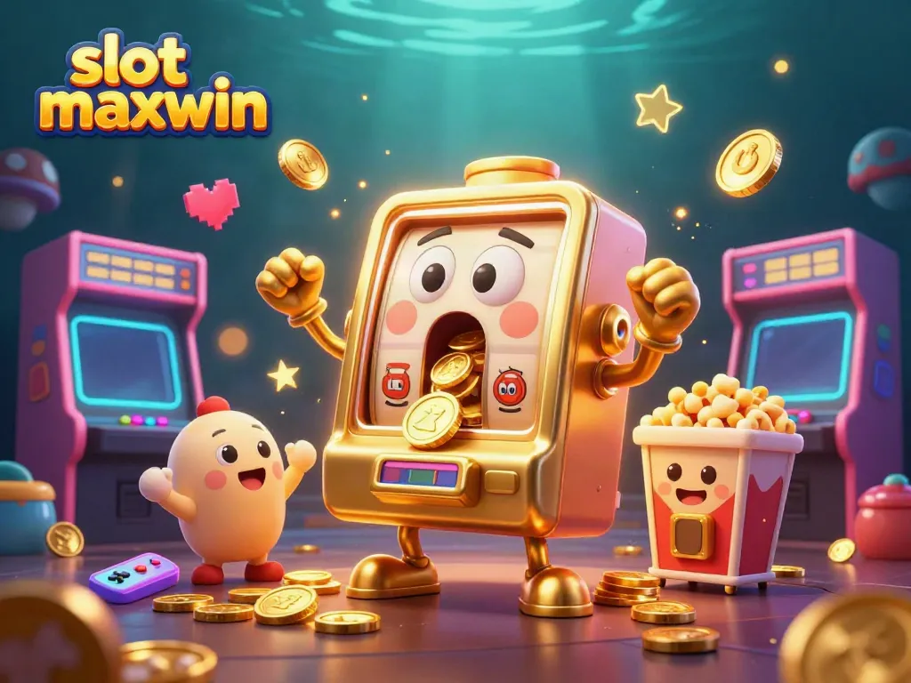 Mesin slot maxwin mengeluarkan koin emas dengan mesin slot kecil bersorak di sekitarnya.
