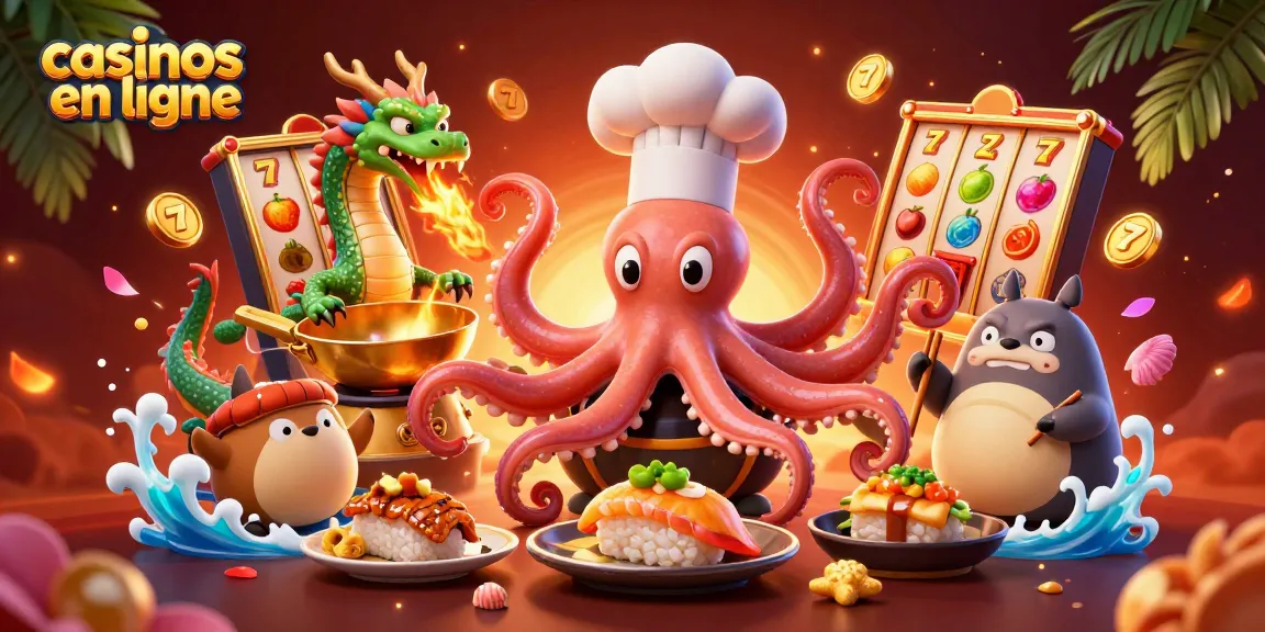 Jouer dans des casinos en ligne avec le chef sushi octopus et le dragon, découvrant des jeux animés.
