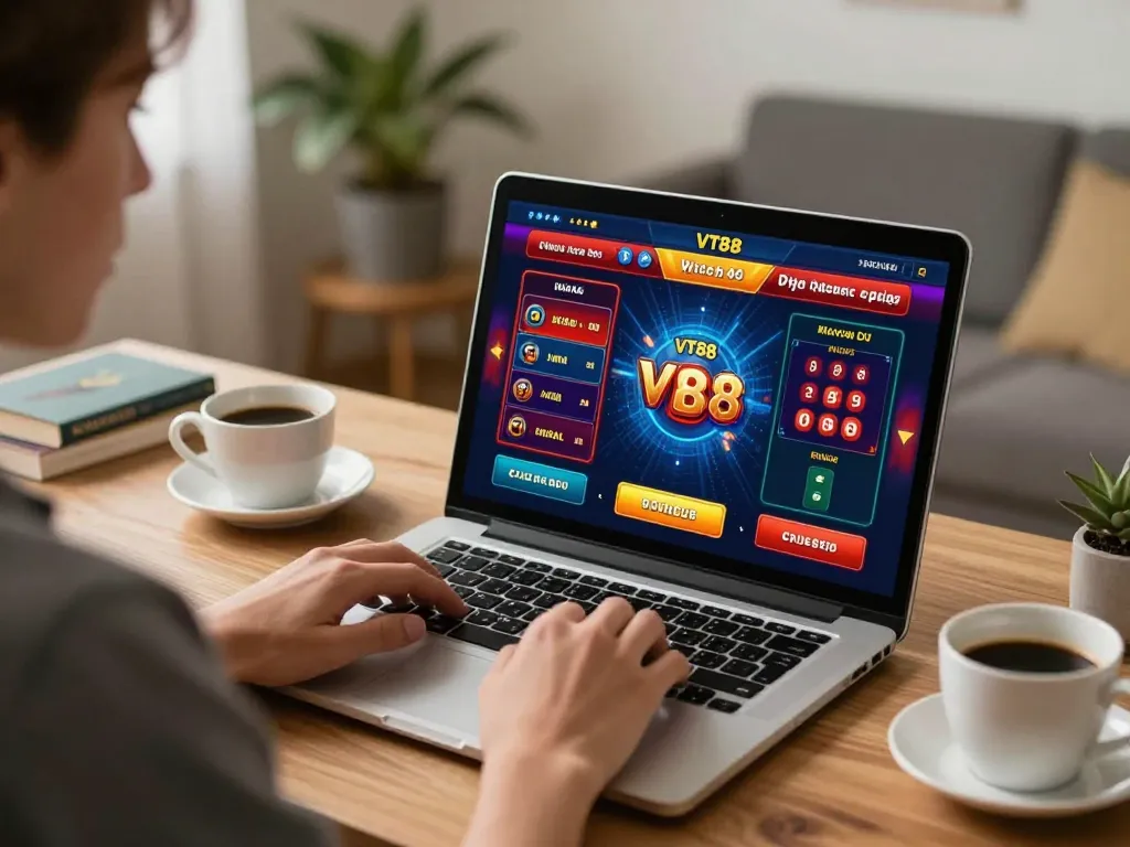 Player enjoying an online game at VT88 on a laptop in a cozy home setting.