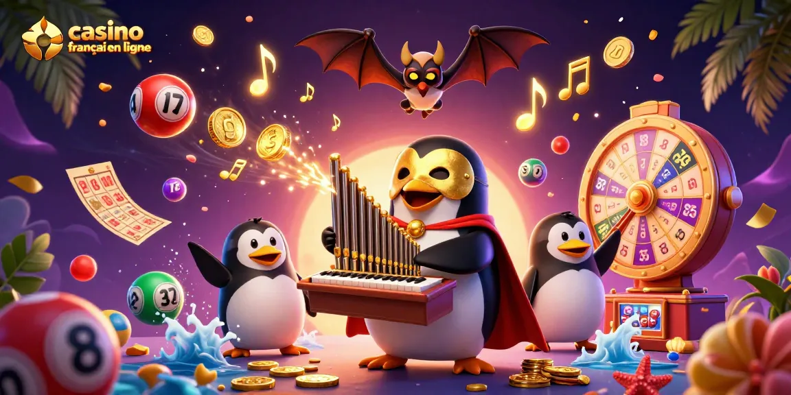 Vivez l'excitation du casino francais en ligne avec une illustration dynamique de jeux de loterie et des personnages captivants.