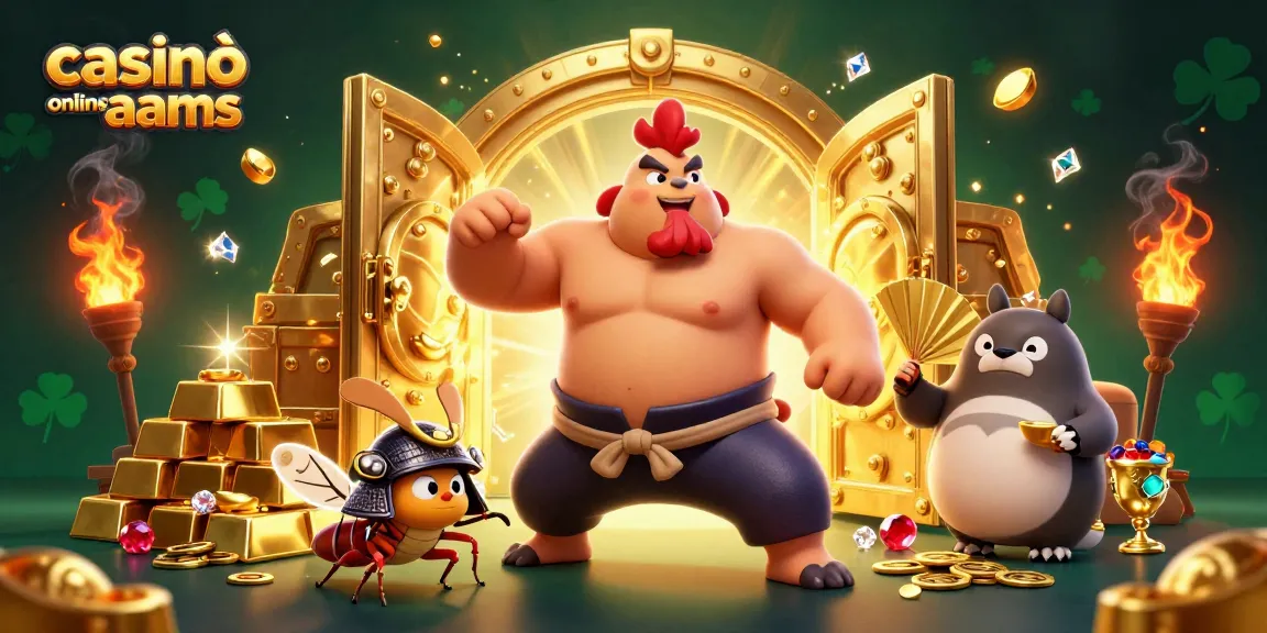 Casinò online non AAMS: Un potente gallo sumo e un grillo samurai insieme, avvolti in oro e gemme nel mondo del gioco.