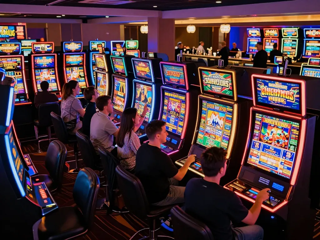 Players celebrating wins at slot gacor machines in a lively casino environment.