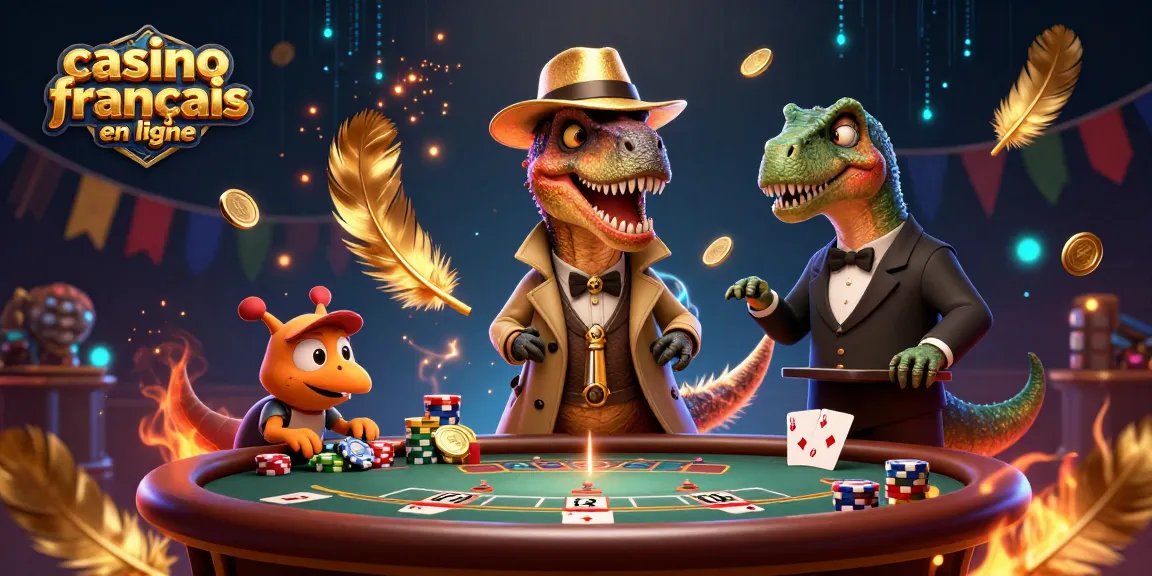 Jouez au casino français en ligne avec des personnages de dinosaure dans une scène dynamique et riche en détails.