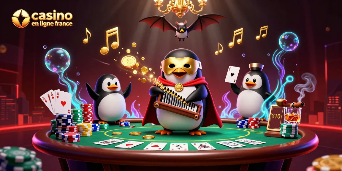 Casino en ligne France : un pingouin jouant d'un orgue en or déversant des pièces.