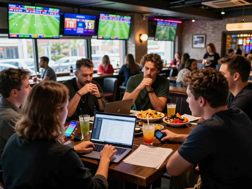 Betting excitement at jun88bet with patrons analyzing sports data and placing bets