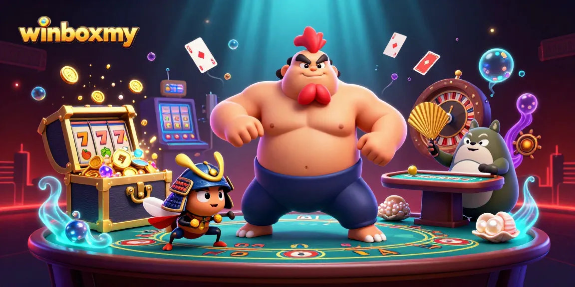 Play exciting games at winboxmy with a vibrant online casino scene featuring sumo wrestlers and slot machines.