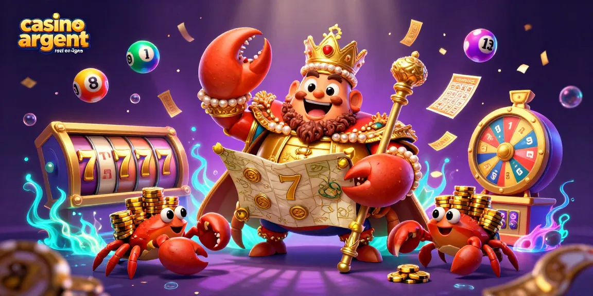 Illustration d'un casino argent réel en ligne montrant un crabe empereur avec un sceptre et des serviteurs portant des jetons, entouré d'éléments de jeu.