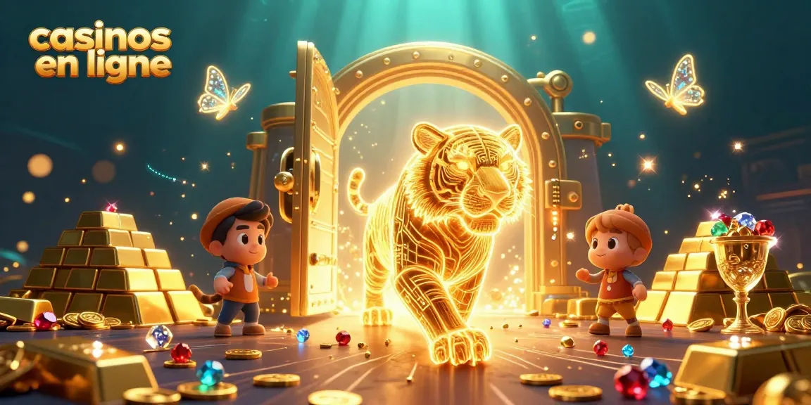 Explorez les casinos en ligne avec un tigre lumineux et des trésors scintillants dans une scène vibrante.