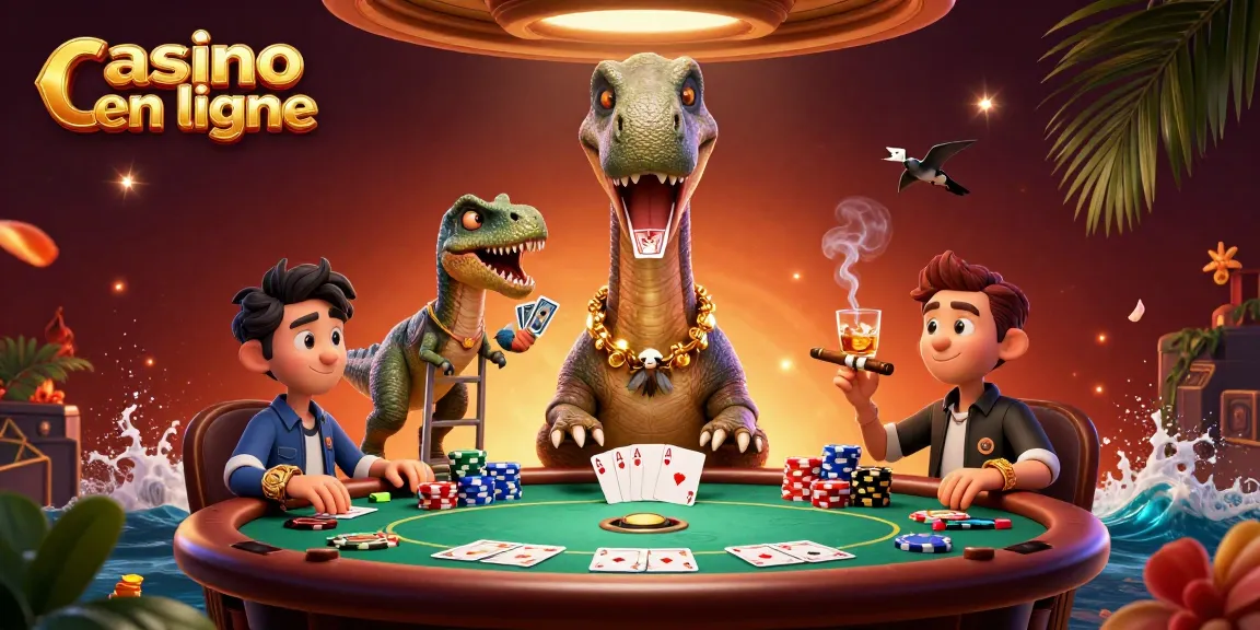 Jouez dans un casino en ligne magique avec un brontosaurus et un raptor distribuant des cartes.