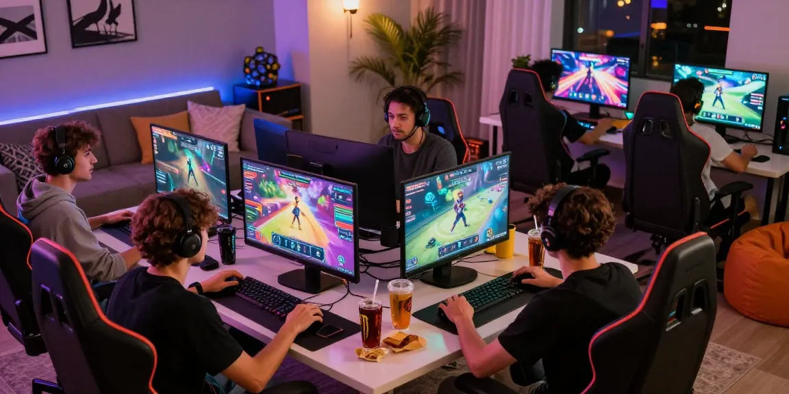 Players enjoying porngame experiences in a vibrant gaming setup with snacks and drinks.