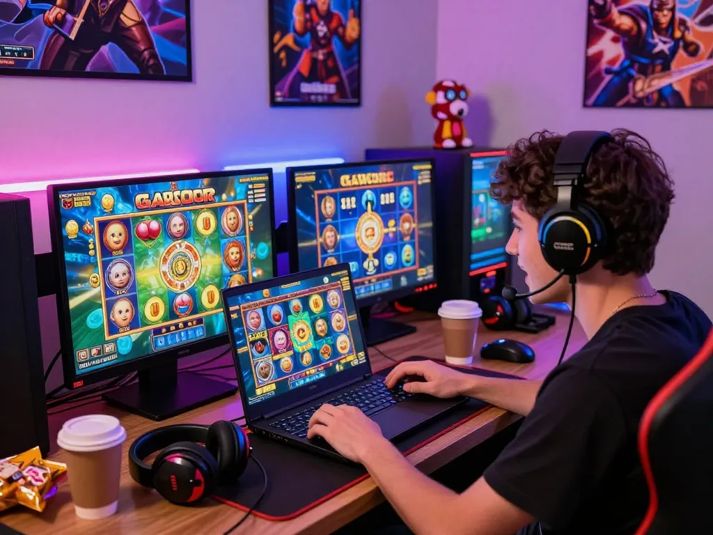 Exciting slot gacor experience in a cozy gaming room with vibrant visuals and accessories.
