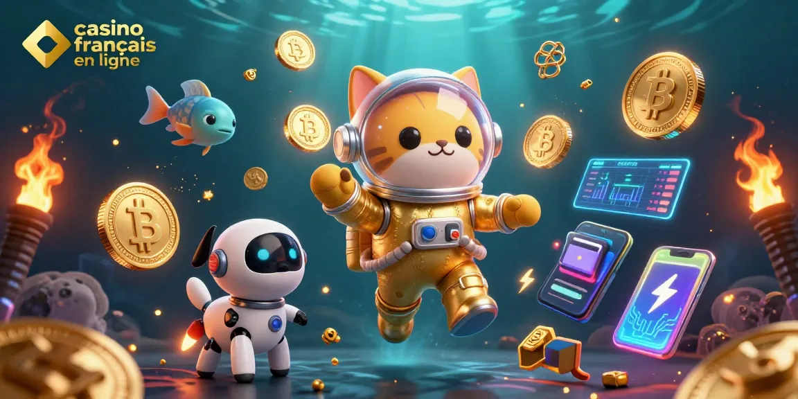 Célébrez le plaisir du casino français en ligne avec un chat astronaute et des pièces de crypto-monnaie scintillantes.