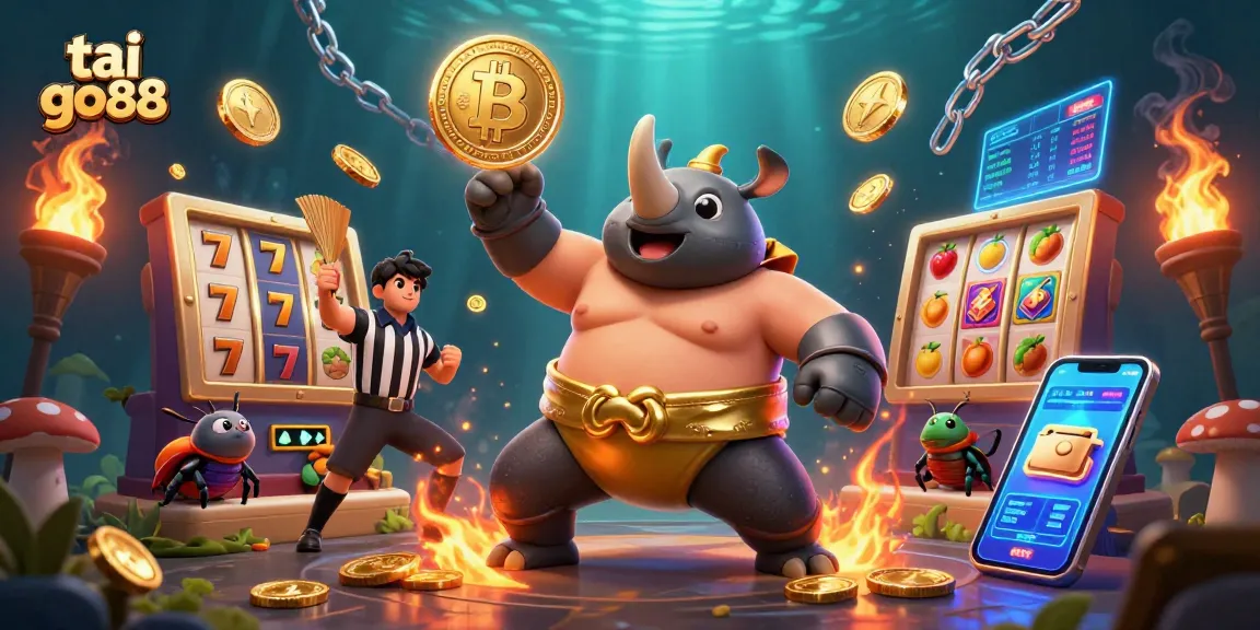 Experience the thrill of tai go88 with a dynamic sumo beetle champion surrounded by spinning slots and glowing crypto coins.