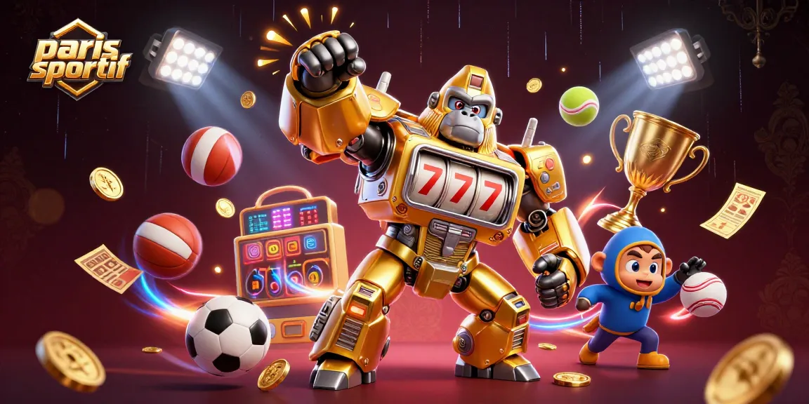 Pariez avec l'excitante illustration de paris sportif montrant un gorille mech et des éléments sportifs.