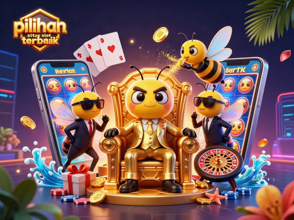 Menyukses rekomendasi pilihan situs slot terbaik dengan mesin dan karakter kasino di latar berwarna cerah.