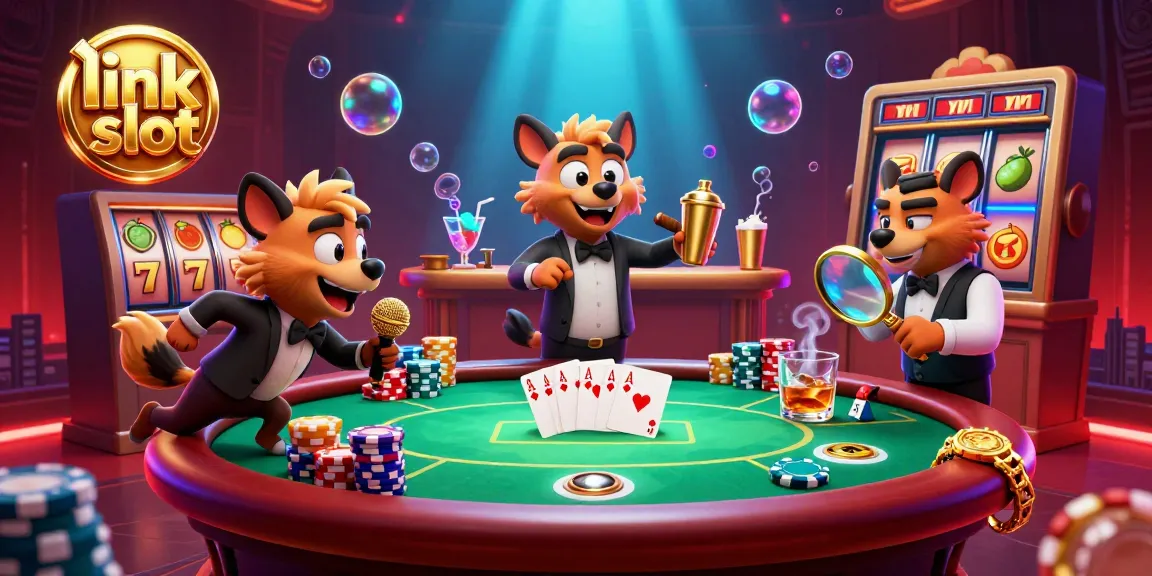 Celebrate at the link slot casino with hyenas, slot reels, and vibrant gaming elements.
