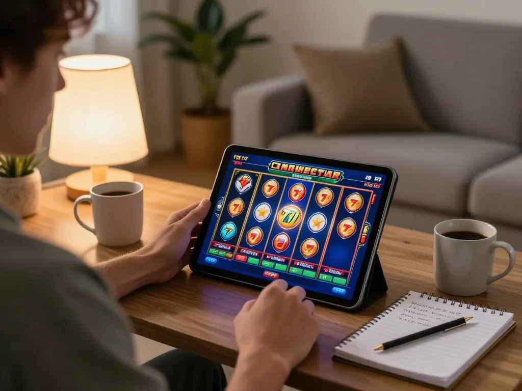 Playing online slot777 on a tablet in a cozy living room, illuminated by warm lighting.