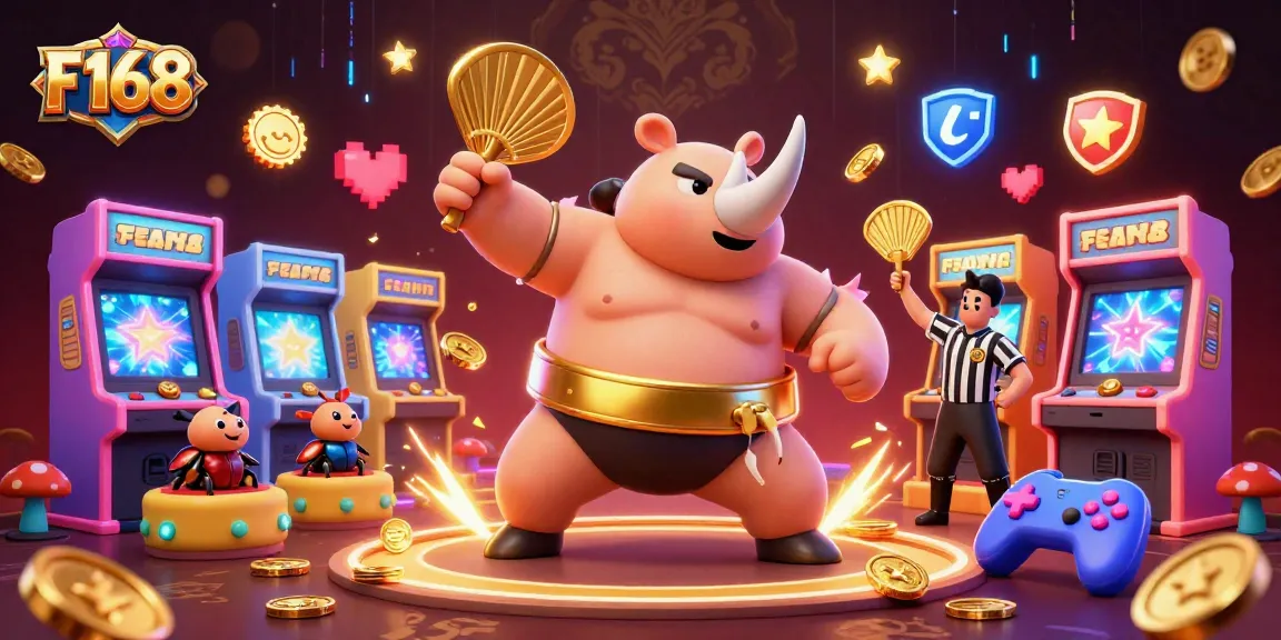Experience F168's thrilling jackpot action with a sumo beetle champion amidst coins and arcade elements.