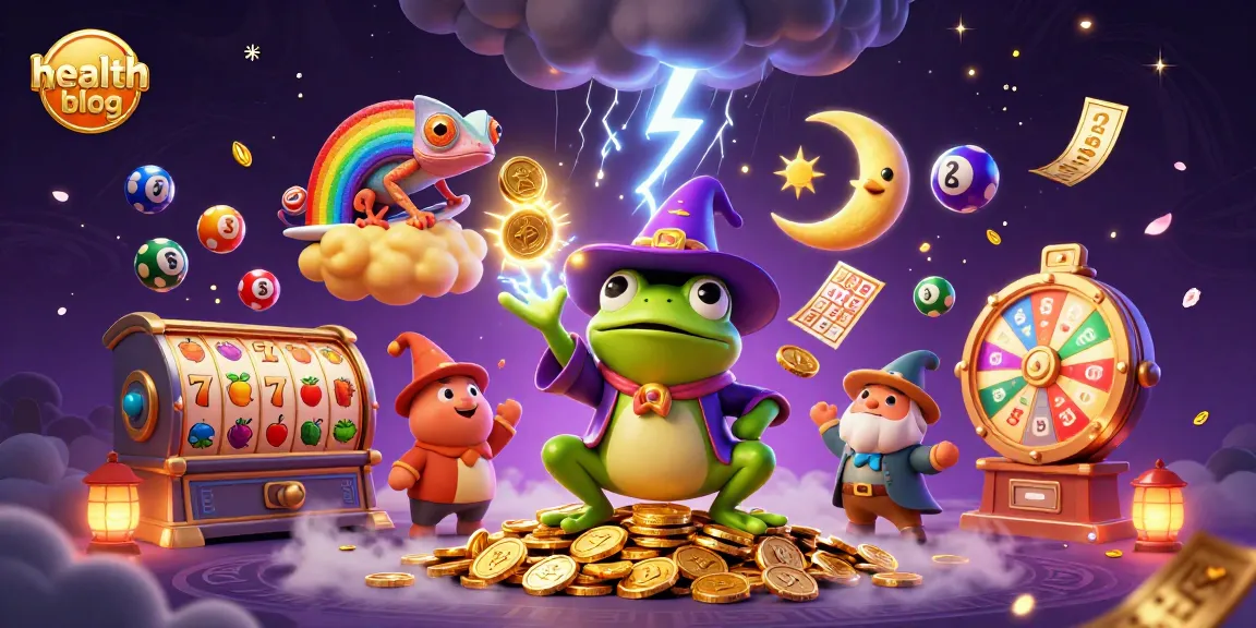 Engaging scene from a health blog illustrating a wizard frog amidst slots and lottery, depicting gambling excitement.