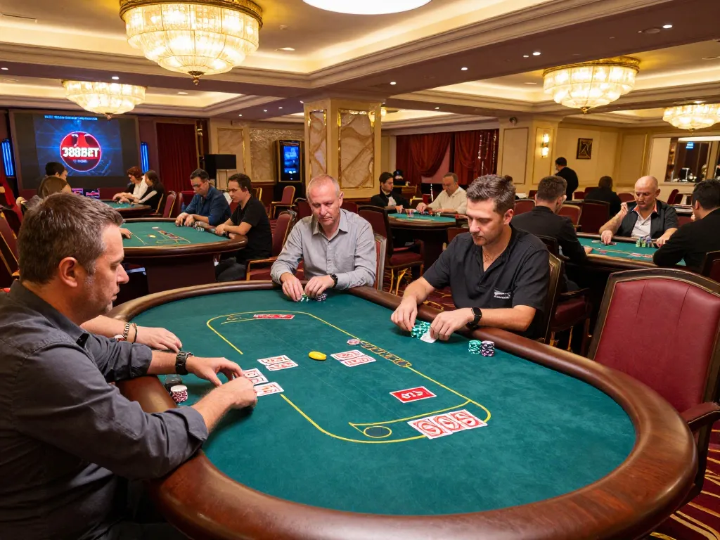 Players enjoying thrilling games at 388bet casino, showcasing an exciting poker and blackjack atmosphere.