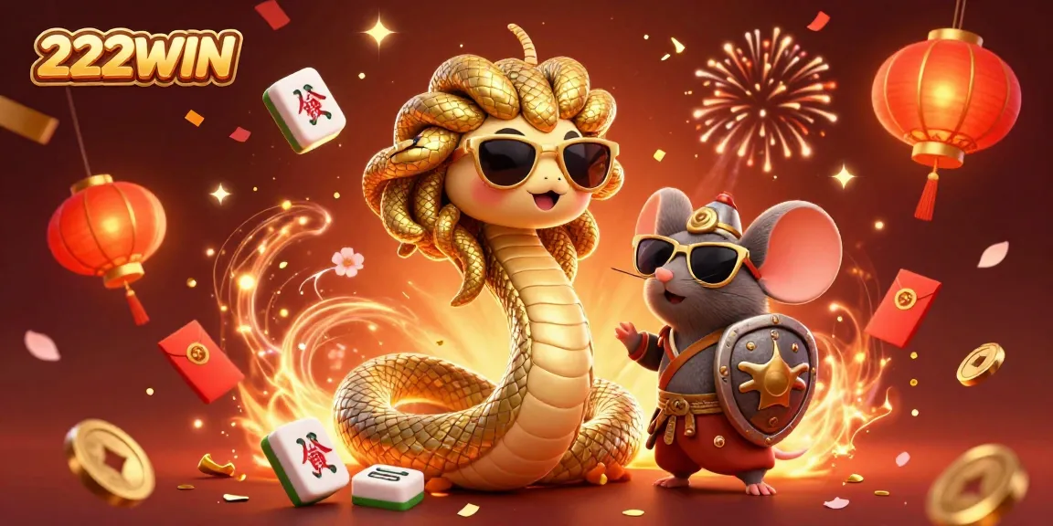 Engage with 222WIN as Medusa and a warrior mouse celebrate a lively casino atmosphere.