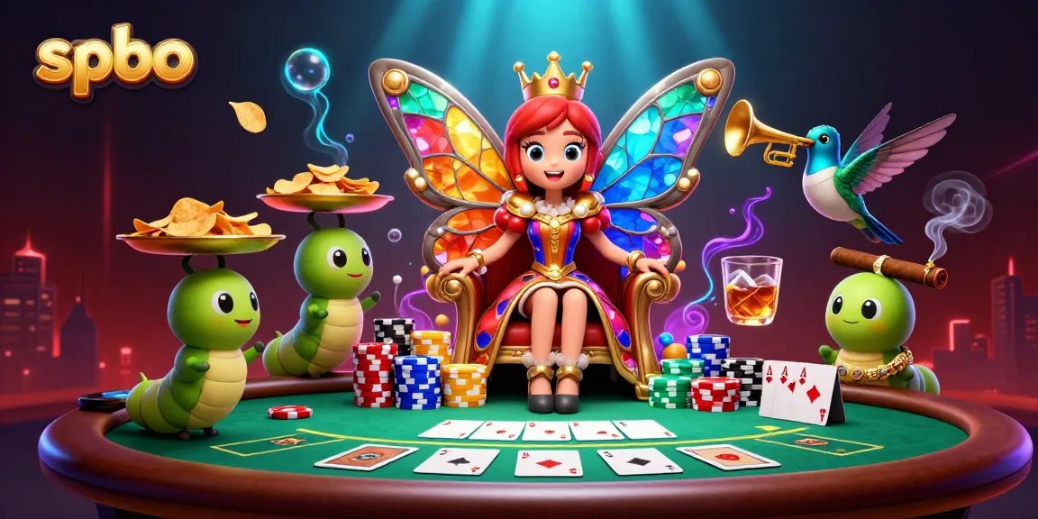 Engage in the vibrant spbo poker scene with a butterfly queen, colorful chips, and detailed game elements.