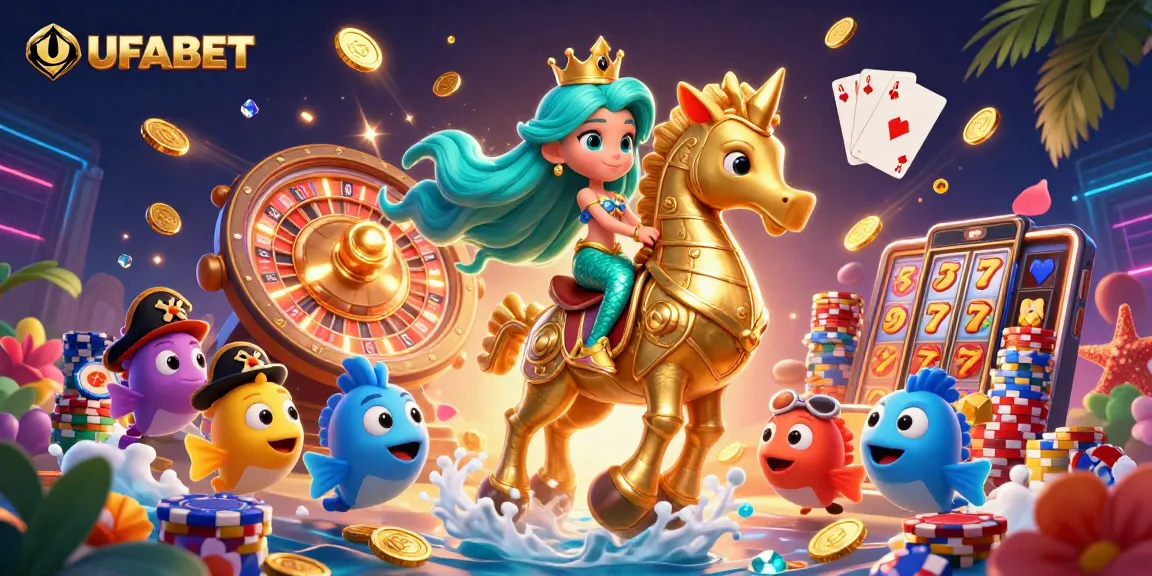 Experience the thrill of UFABET with a vibrant 3D casino scene featuring a mermaid princess and treasures.
