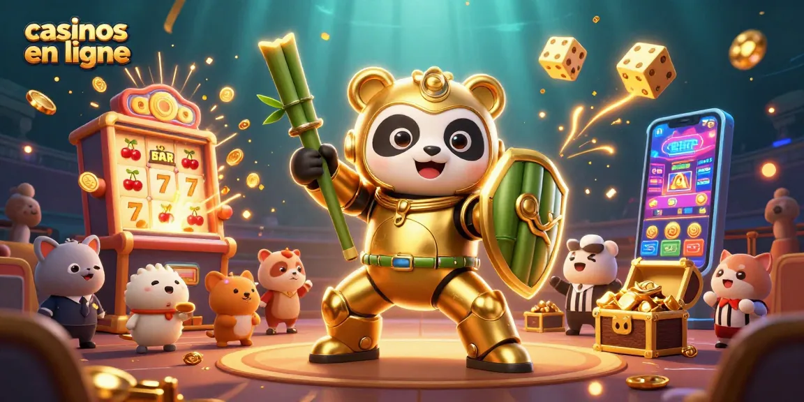 Un panda en méca navigue dans un casino en ligne, entouré d'éléments de jeux vibrants.
