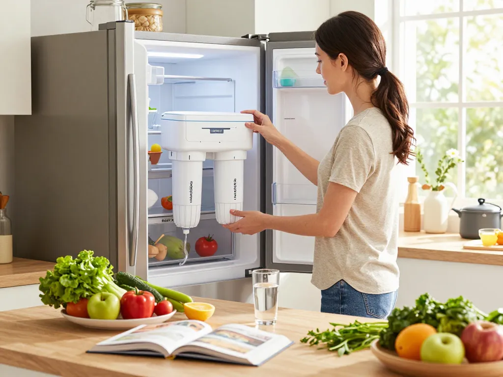 Homeowner replacing the Waterdrop RPWF Refrigerator Water Filter (NOT RPWFE) in a bright modern kitchen.