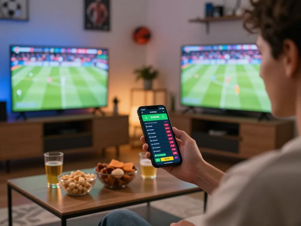 Sunwin user actively engaging in sports betting from home, smartphone displaying live odds and bets.