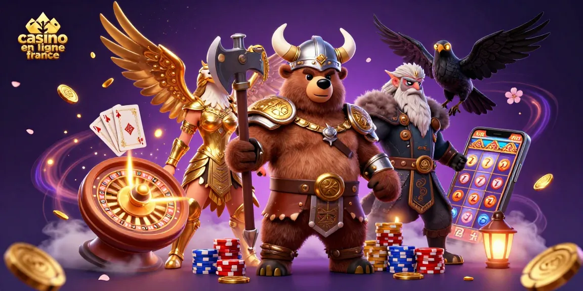 Illustration dynamique de casino en ligne France avec un ours viking, une aigle valkyrie et des éléments de jeu.